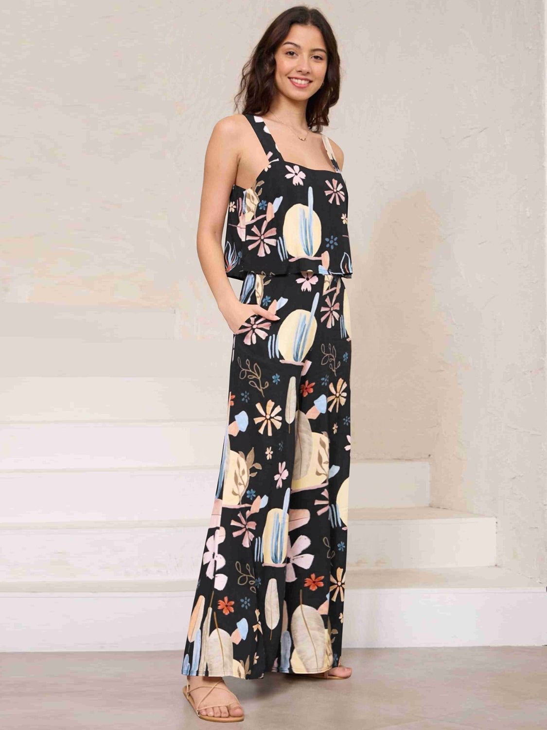 Printed Wide Strap Top and Pants Set