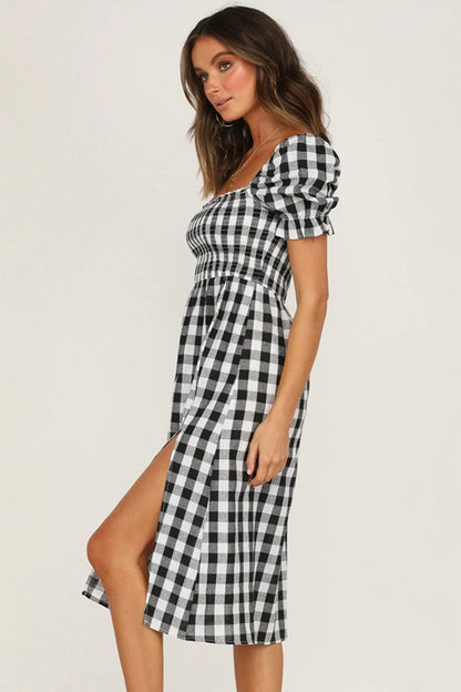 Full Size Slit Plaid Short Sleeve Midi Dress