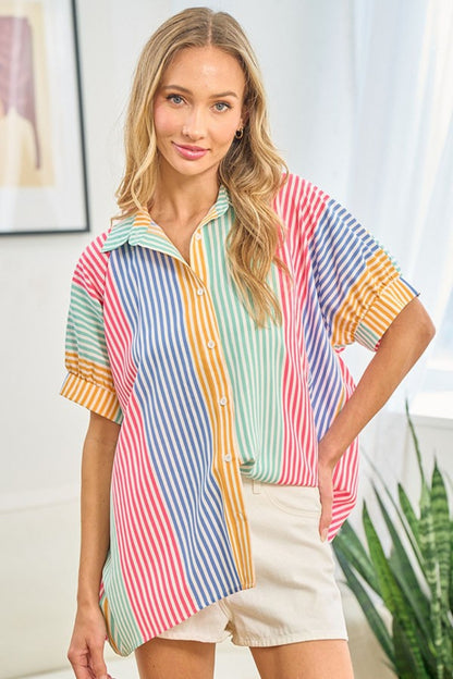 First Love Full Size Striped Button Down Short Sleeve Shirt