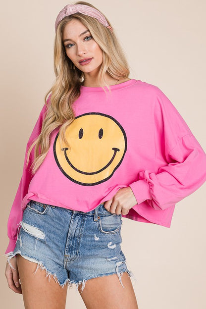 Smiley Face Long Sleeve Crop Top Plus