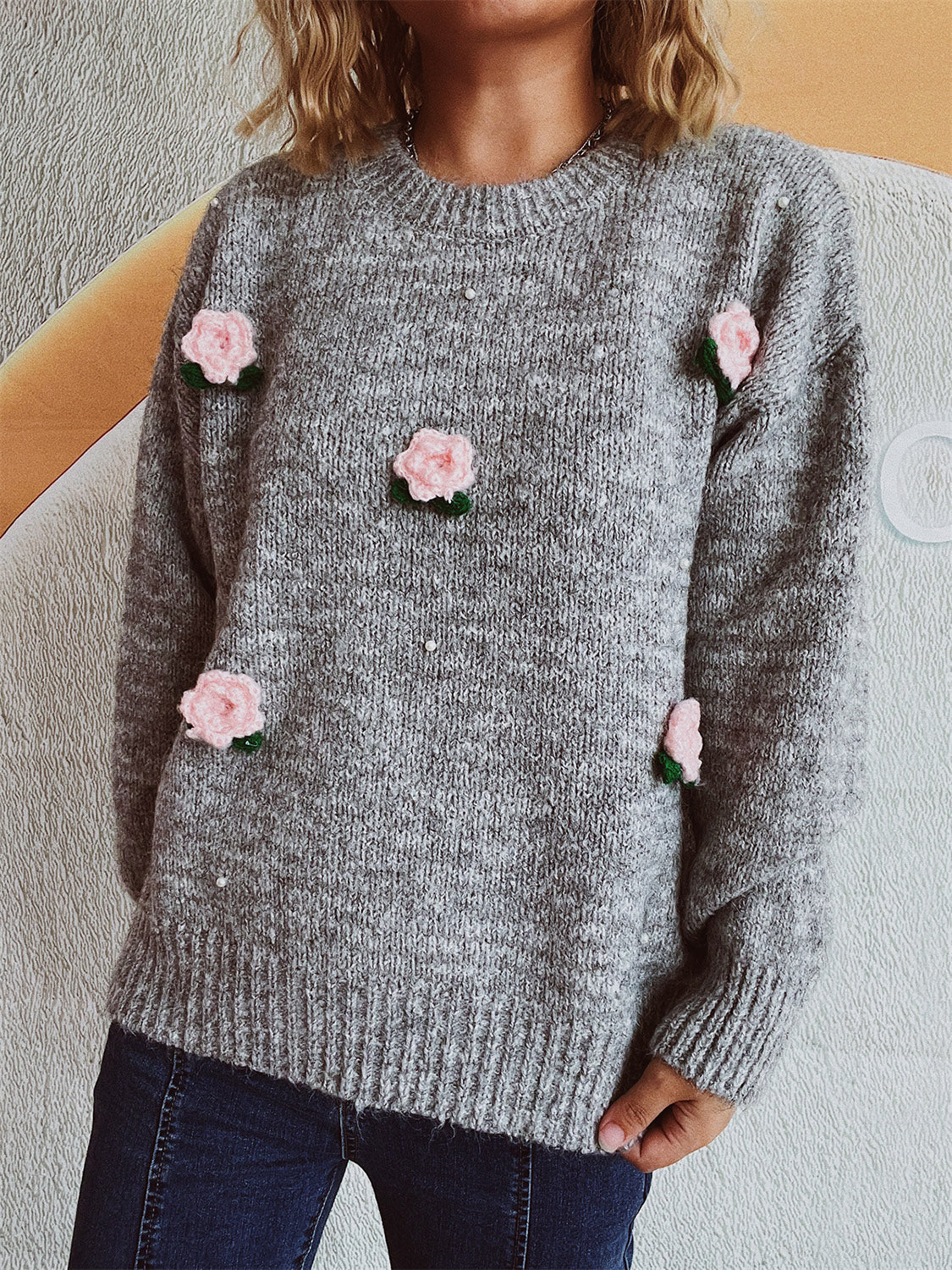 Flower Round Neck Long Sleeve Sweater