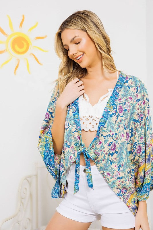 LIGHT WOVEN SQUARED OPEN KIMONO CARDIGAN WITH TIE