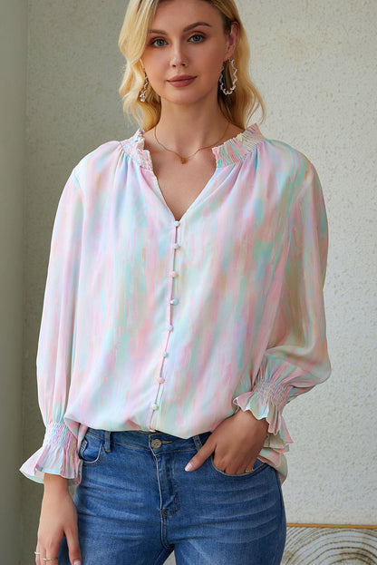 Notched Neck Flounce Sleeve Blouse