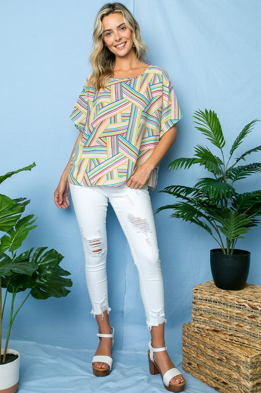 MULTI GEO PRINT WOVEN KIMONO TOP