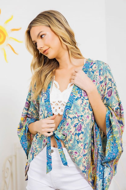 LIGHT WOVEN SQUARED OPEN KIMONO CARDIGAN WITH TIE