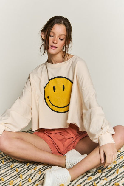 Smiley Face Long Sleeve Crop Top Plus