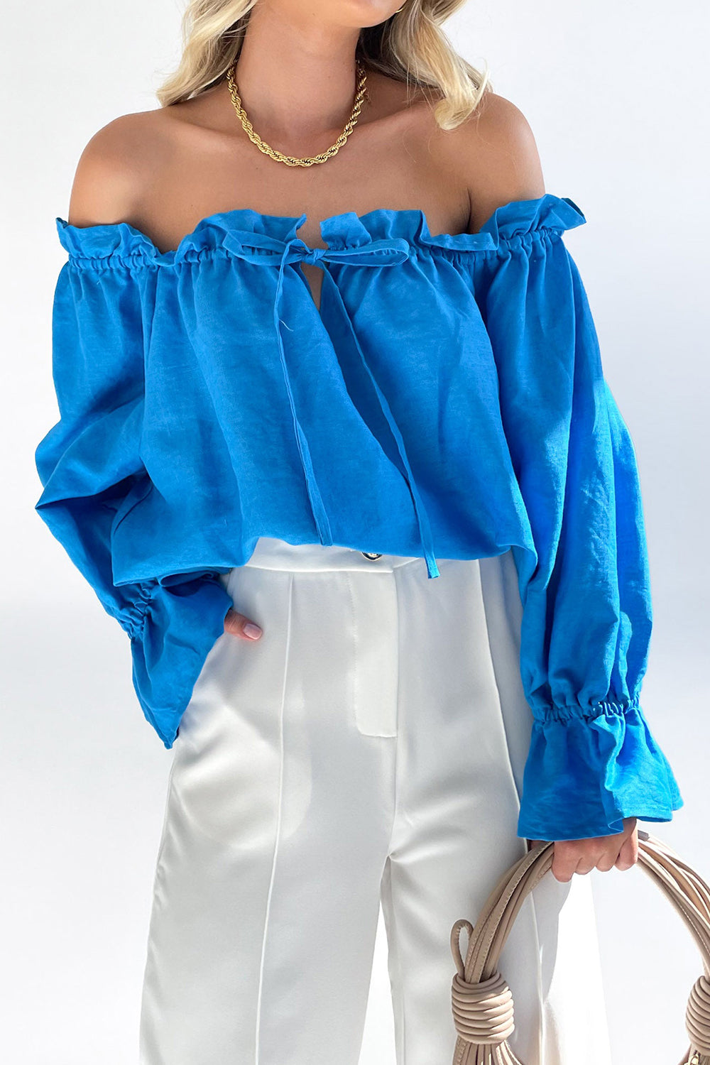 Drawstring Off-Shoulder Flounce Sleeve Blouse