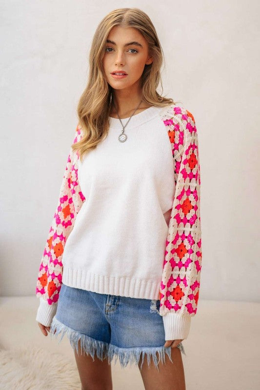 Crochet Detailed Long Sleeve Knit Sweater Top