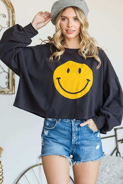 Smiley Face Long Sleeve Crop Top Plus