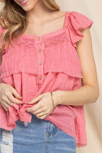 ODDI Full Size Buttoned Ruffled Top