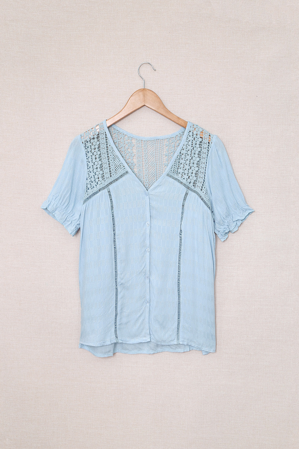 Lace Detail Button Up Short Sleeve Shirt