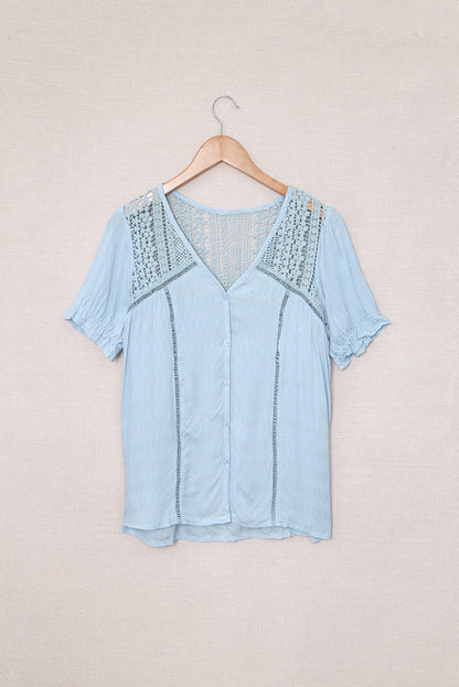 Lace Detail Button Up Short Sleeve Shirt