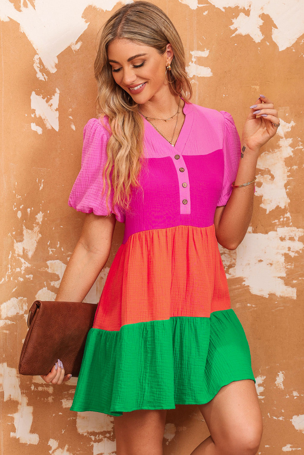 Color Block Buttoned Puff Sleeve Dress