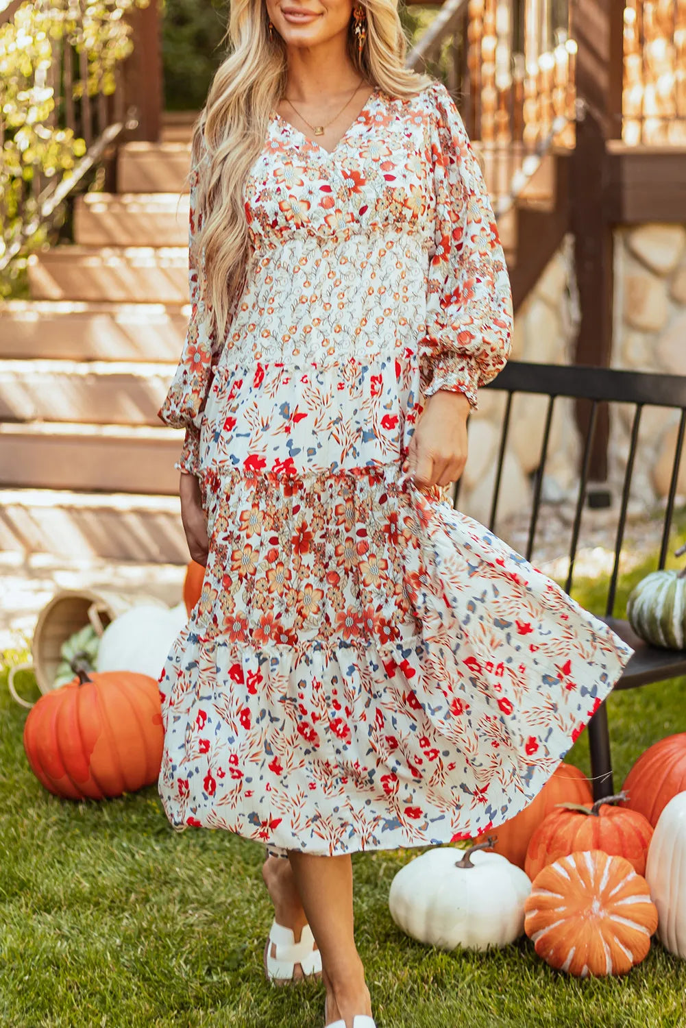 Full Size Printed V-Neck Lantern Sleeve Midi Dress