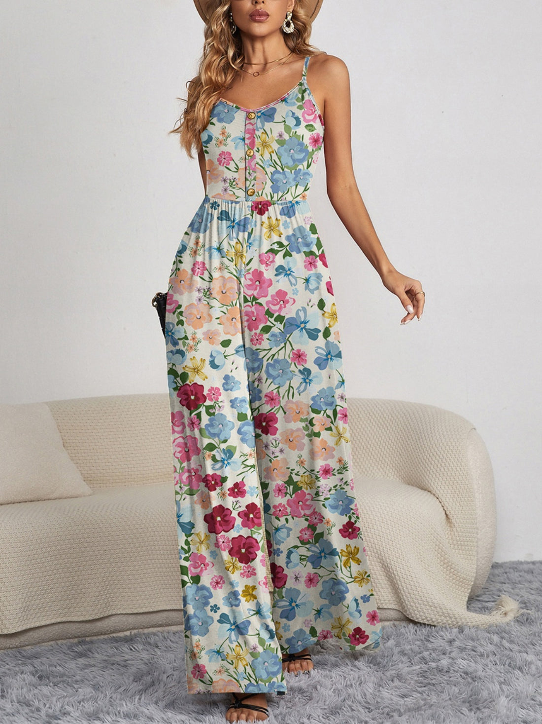 Decorative Button Spaghetti Strap Wide Leg Jumpsuit