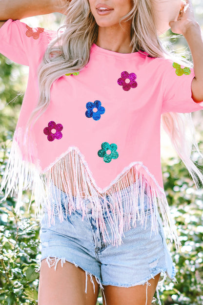 Sequin Flower Round Neck Half Sleeve T-Shirt