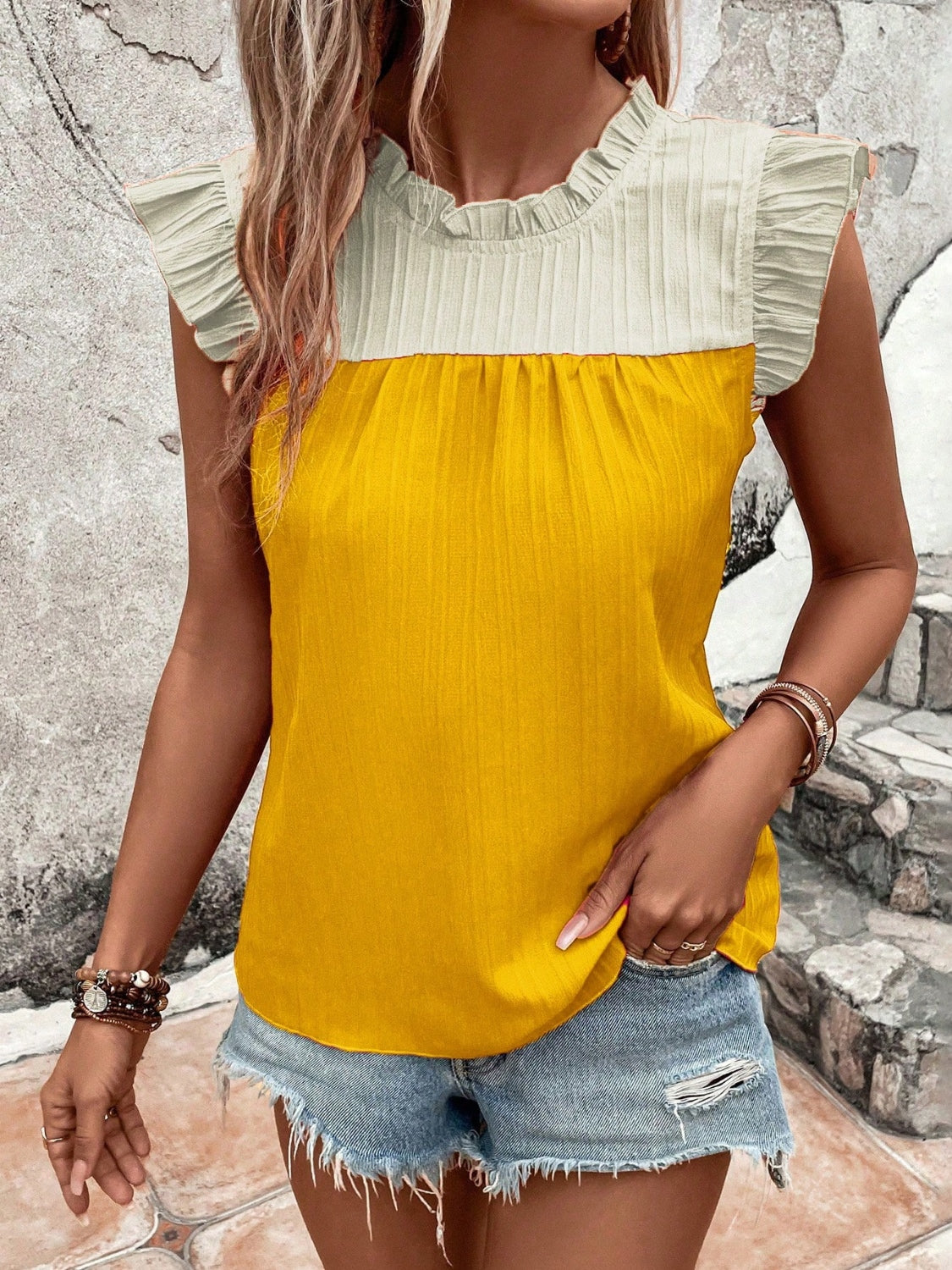 Frill Contrast Round Neck Cap Sleeve Blouse