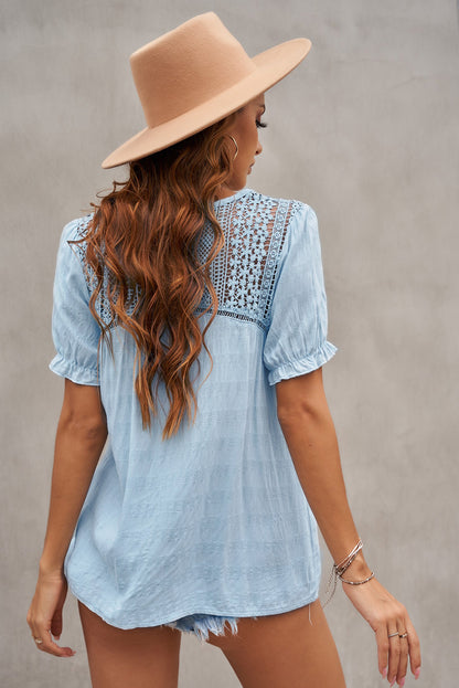 Lace Detail Button Up Short Sleeve Shirt