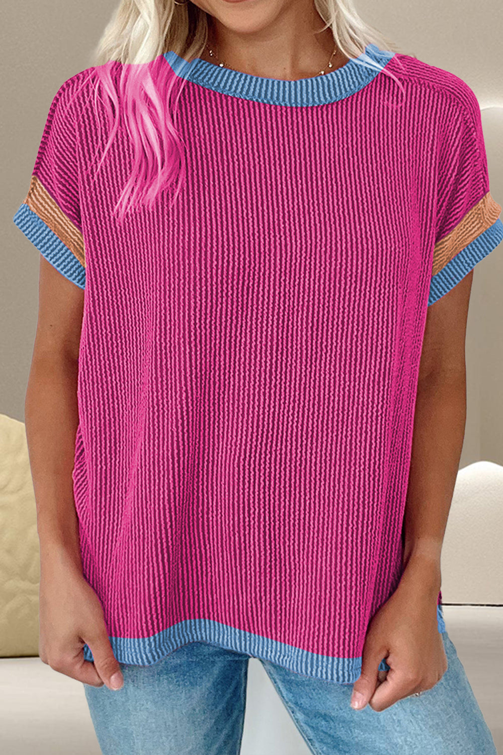 Color Block Round Neck Cap Sleeve T-Shirt