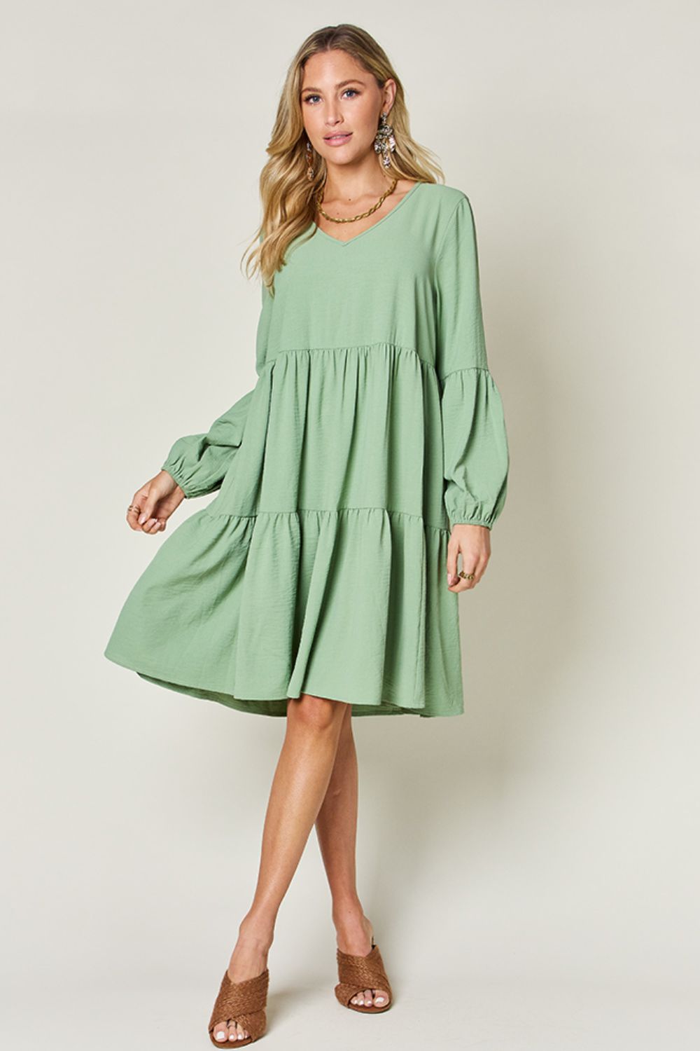 Double Take Full Size V-Neck Balloon Sleeve Tiered Dress