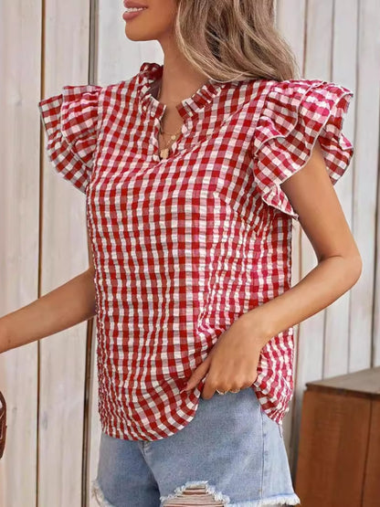 Ruffled Plaid Notched Cap Sleeve Blouse