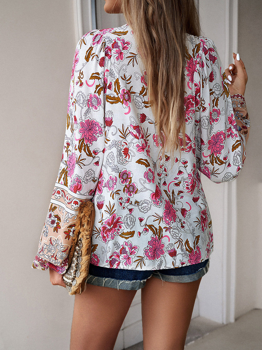 Floral Tie Neck Puff Sleeve Blouse