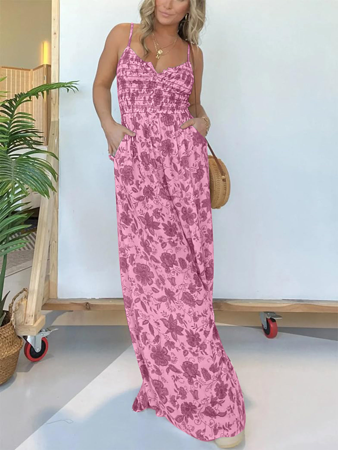 Full Size Printed Spaghetti Strap Wide Leg Jumpsuit