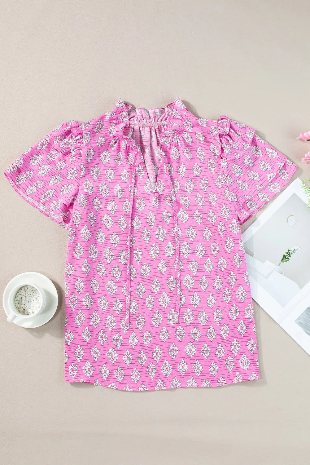 Ruffled Printed Tie Neck Short Sleeve Blouse