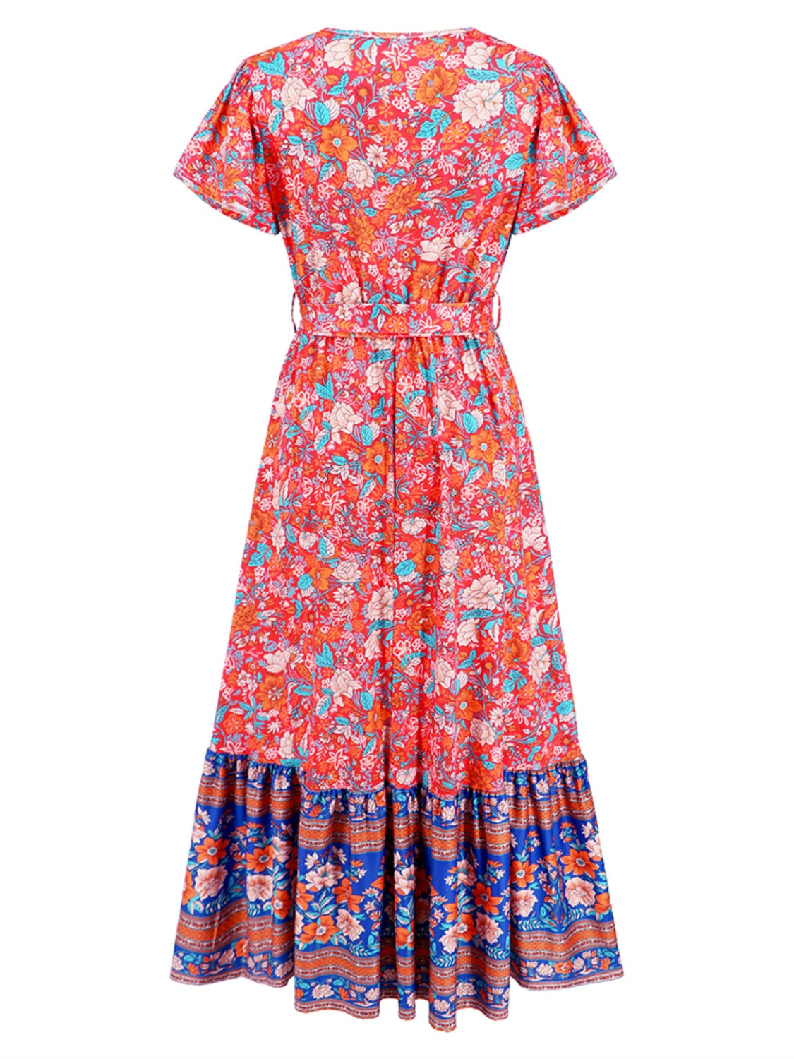 Tied Printed V-Neck Short Sleeve Dress