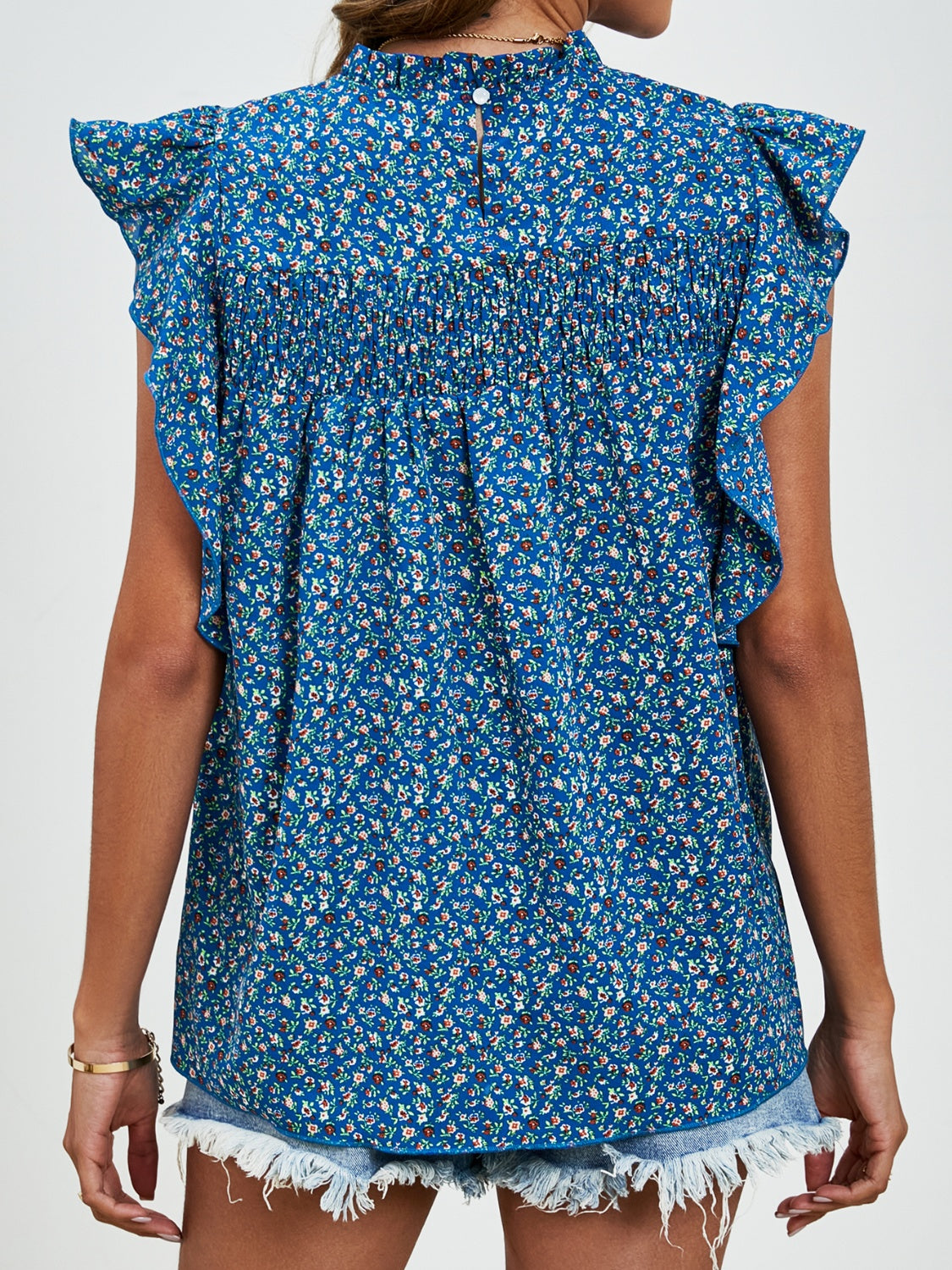 Ruffled Ditsy Floral Mock Neck Cap Sleeve Blouse