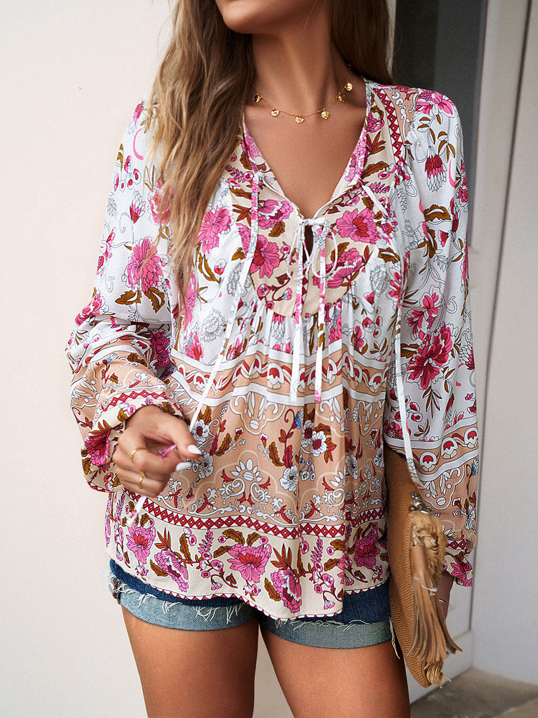 Floral Tie Neck Puff Sleeve Blouse