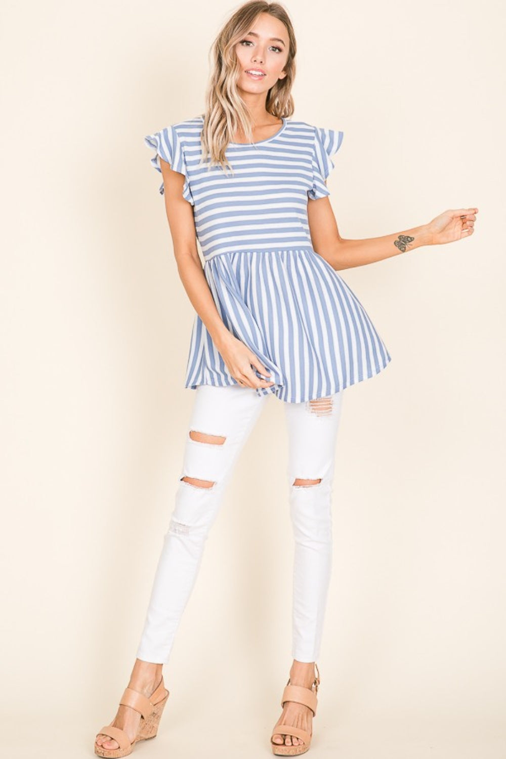 BOMBOM Striped Round Neck Blouse