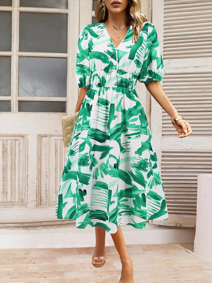 Ruched Printed Surplice Short Sleeve Dress