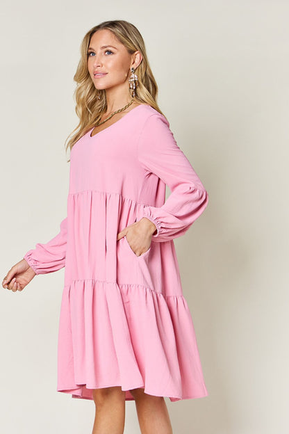 Double Take Full Size V-Neck Balloon Sleeve Tiered Dress