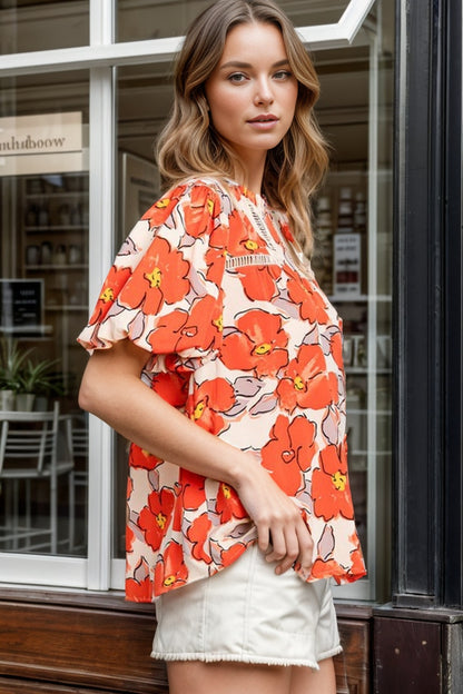 Printed Round Neck Short Sleeve Blouse