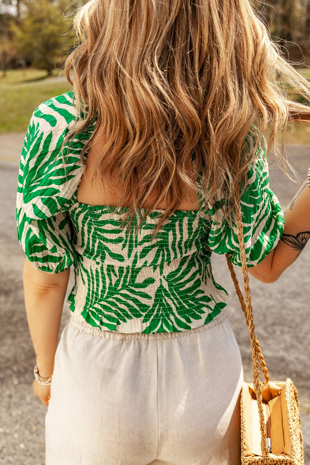 Smocked Printed Short Sleeve Blouse