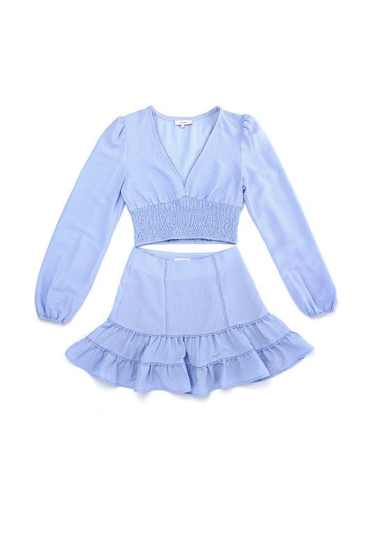 Lace trimmed smocking blouse and skirt set