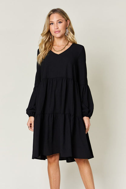 Double Take Full Size V-Neck Balloon Sleeve Tiered Dress