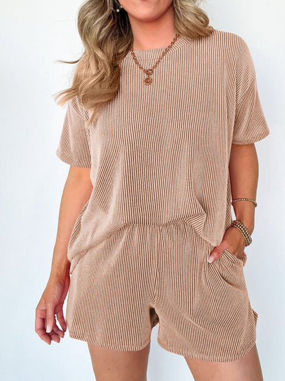 Textured Round Neck Short Sleeve Top and Shorts Set