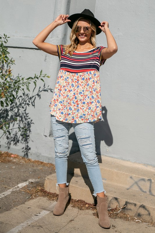 MULTI STRIPE FLORAL PRINT MIXED TOP