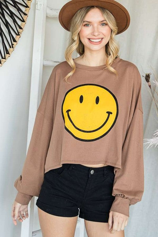 Smiley Face Long Sleeve Crop Top Plus