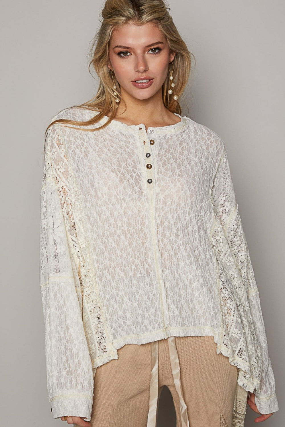 POL Round Neck Long Sleeve Raw Edge Lace Top