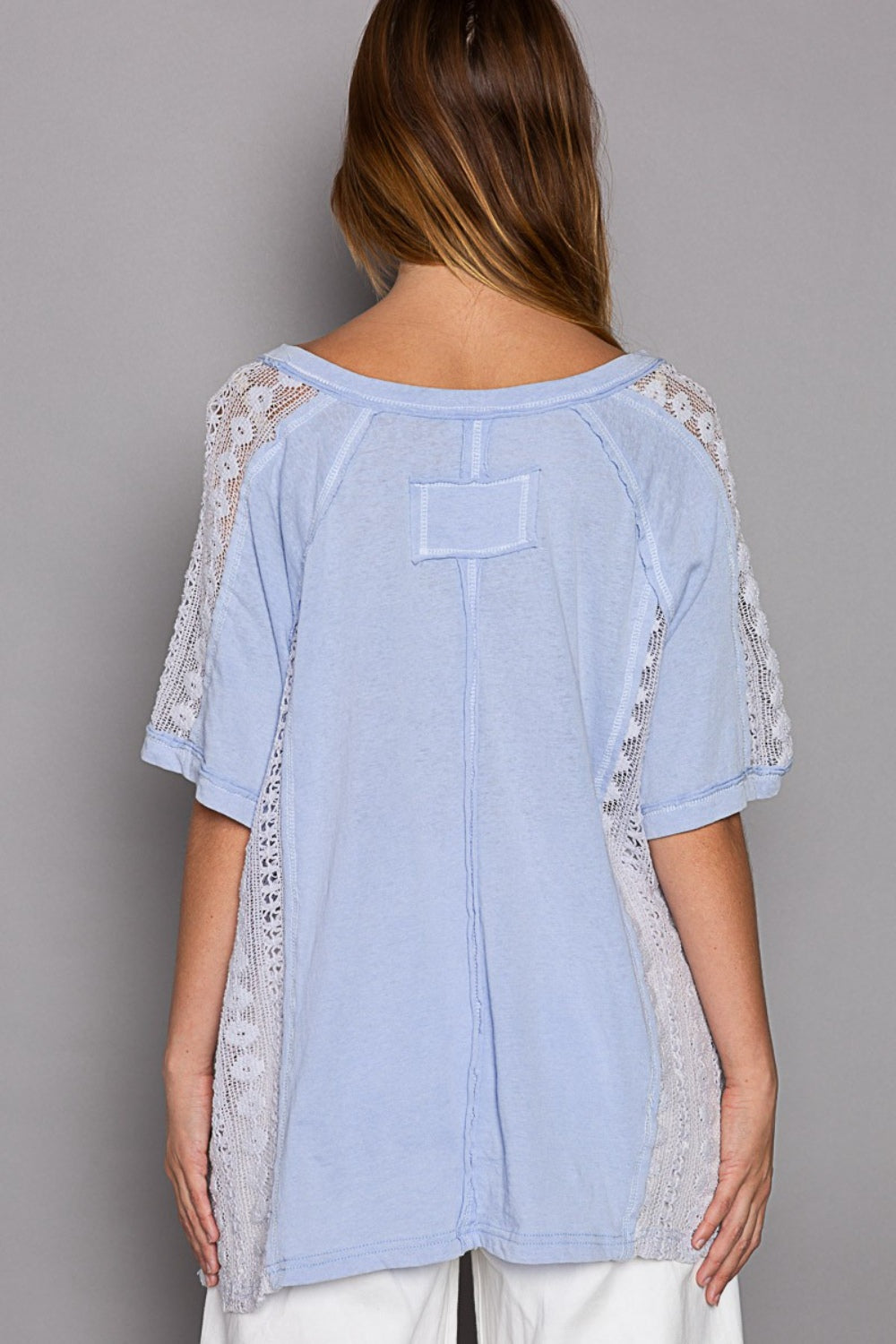 POL Short Sleeve Lace Crochet Panel Top