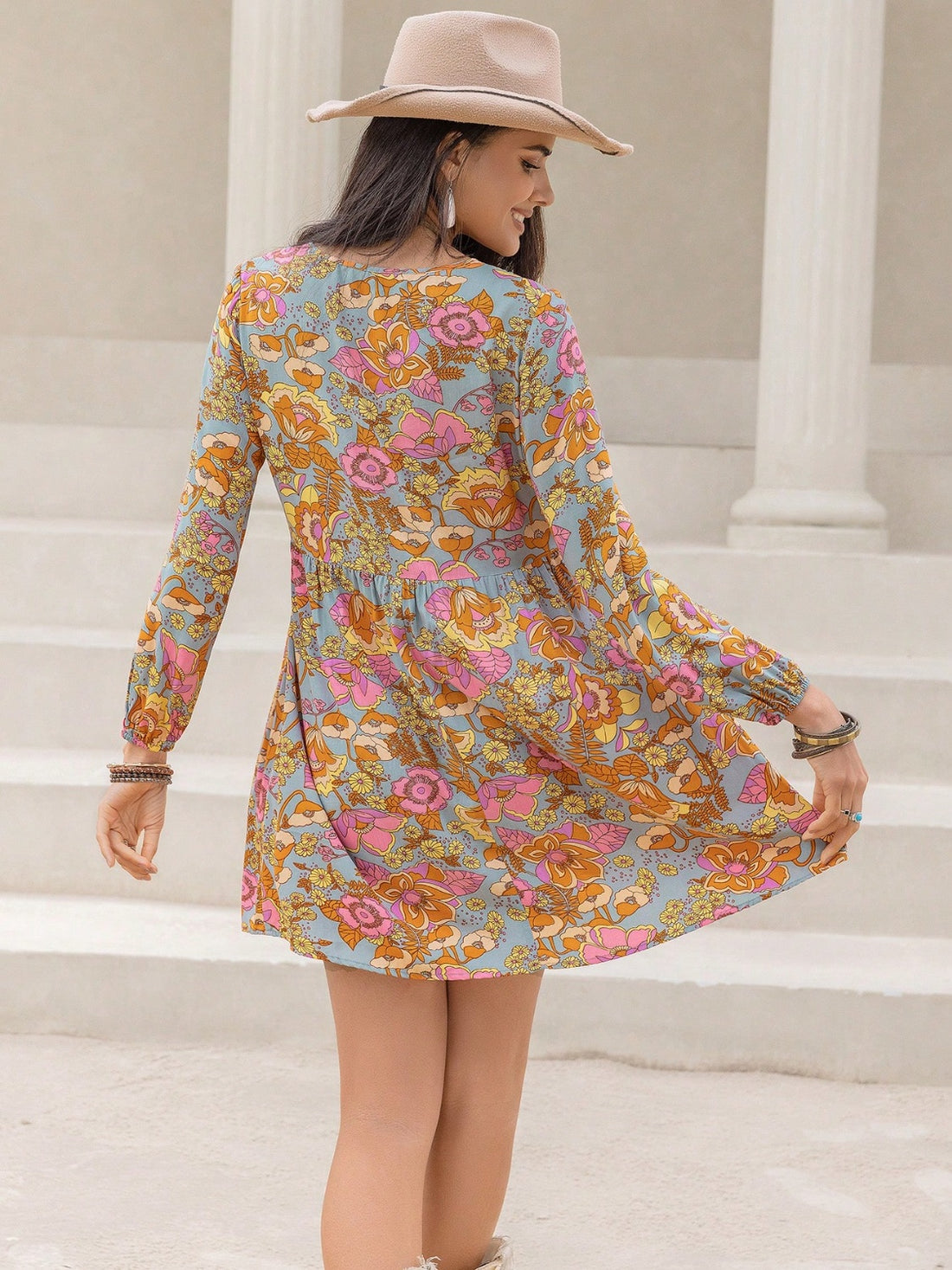 Printed V-Neck Balloon Sleeve Mini Dress