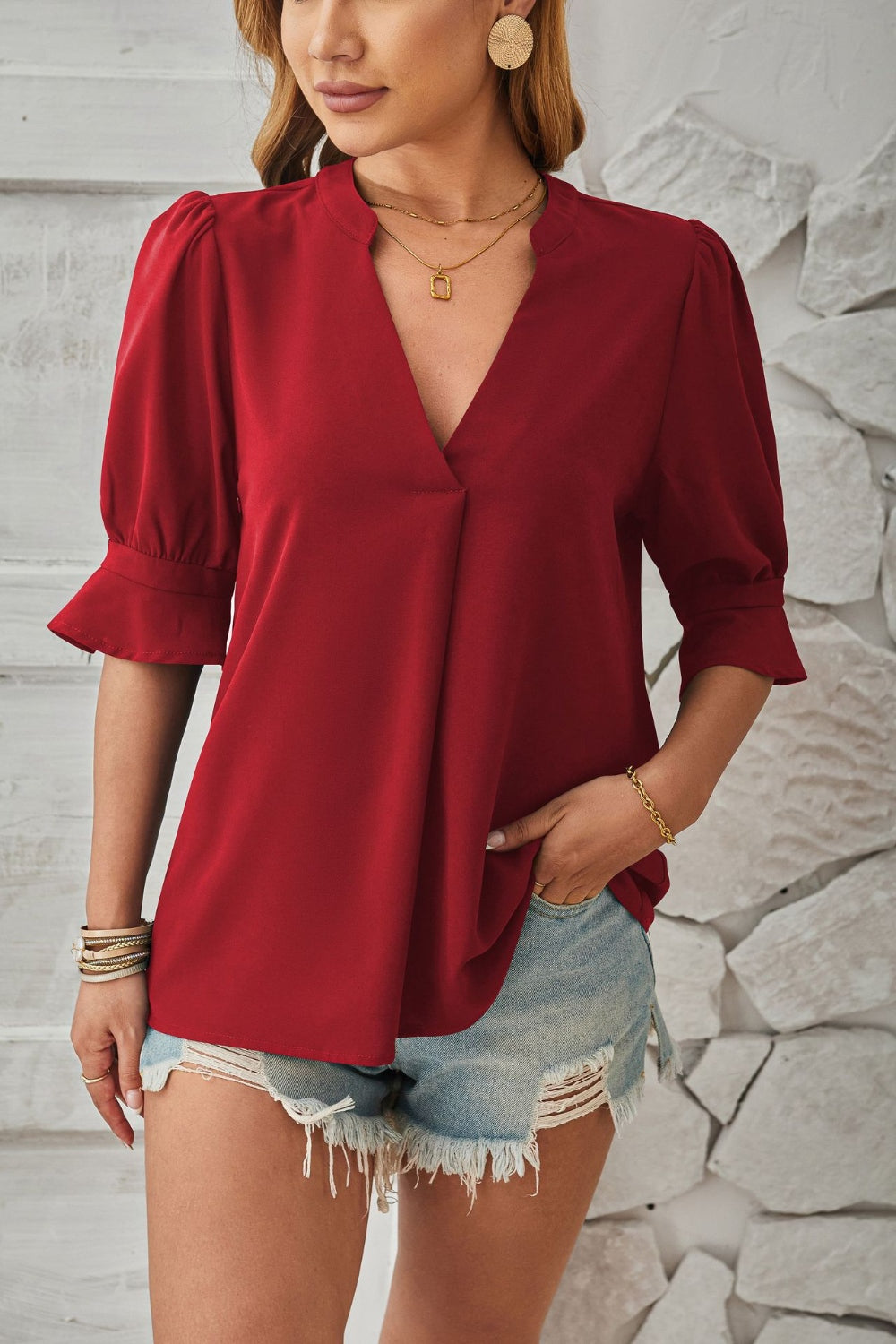 Notched Half Sleeve Blouse