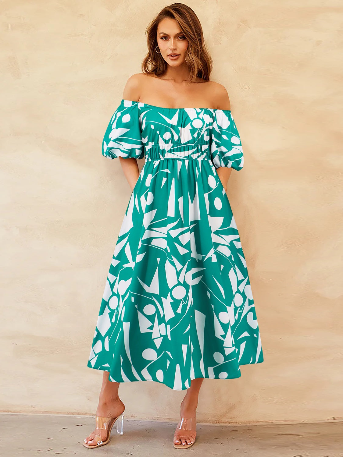 Printed Off-Shoulder Balloon Sleeve Dress