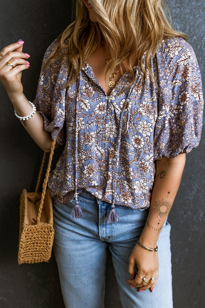 Printed Tie Neck Half Sleeve Blouse