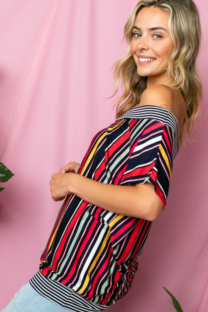 PLUS MULTI STRIPE OFF SHOULDER TOP