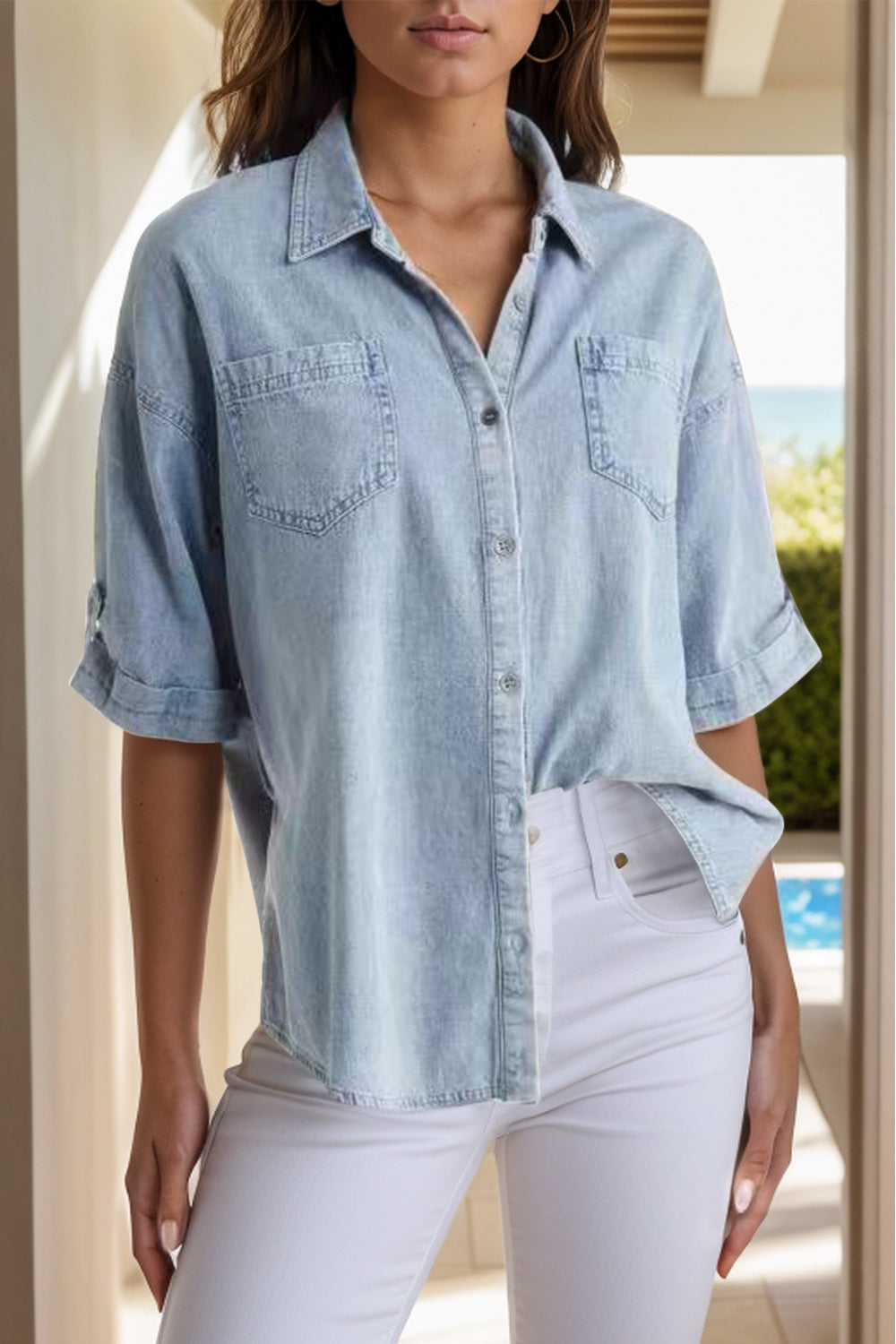 Pocketed Button Up Half Sleeve Denim Shirt