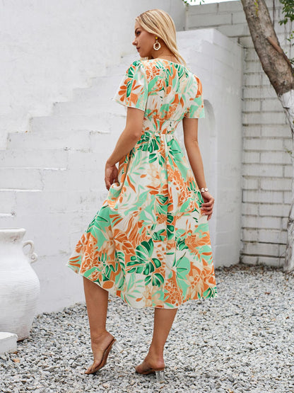 Printed V-Neck Short Sleeve Midi Dress